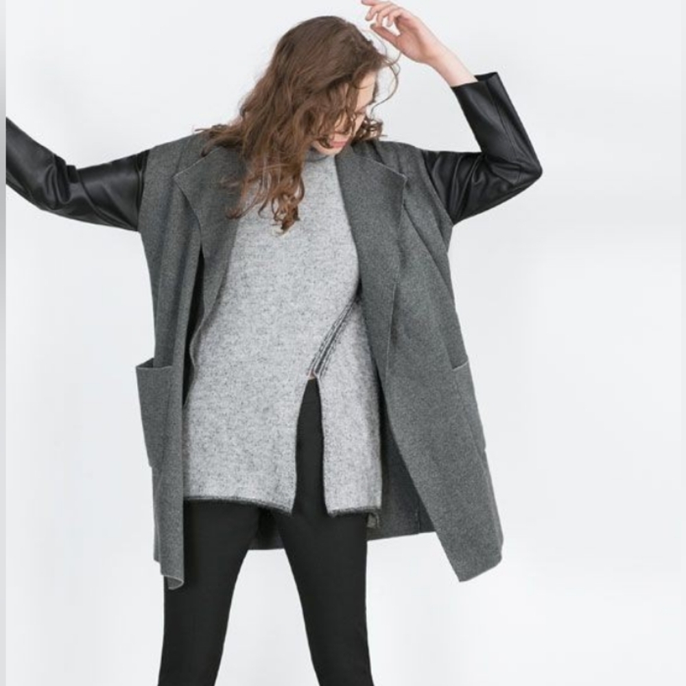 ZARA Knit Black & Grey Coat/Sweater with Leather Sleeves - Size M